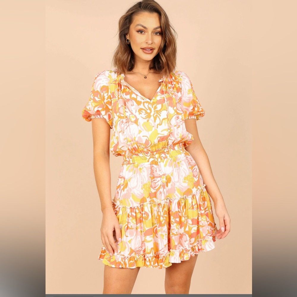Petal & Pup Feliz Shirred Waist Mini Dress‎ - Coral Floral